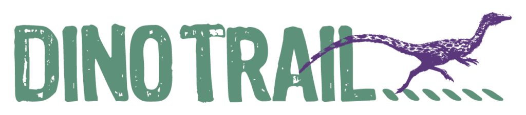 Tall green text reading "Dino Trail" precedes an image of a long, thin purple dinosaur, running to the right above a dashed line in green that is evocative of a crosswalk