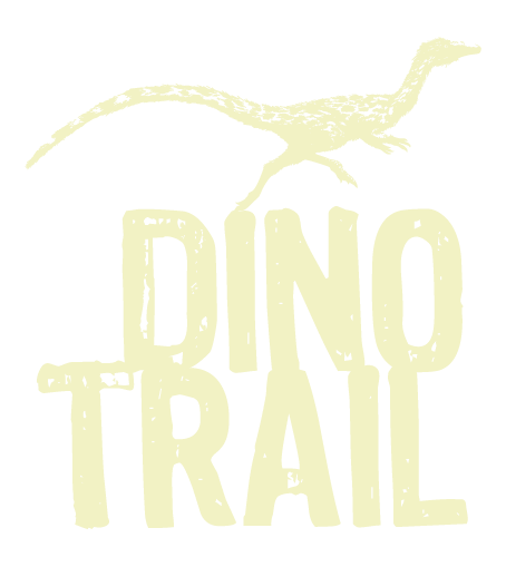 An image of a long, thin cream-colored dinosaur, running to the right on top of cream-colored text reading "DINO" on top of the word "TRAIL"